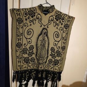 Women's Black and Tan Embroidered Poncho
